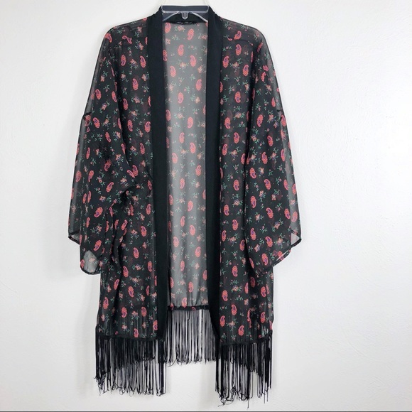 Honey Punch Printed Sheer Fringe Boho Kimono - Picture 1 of 6